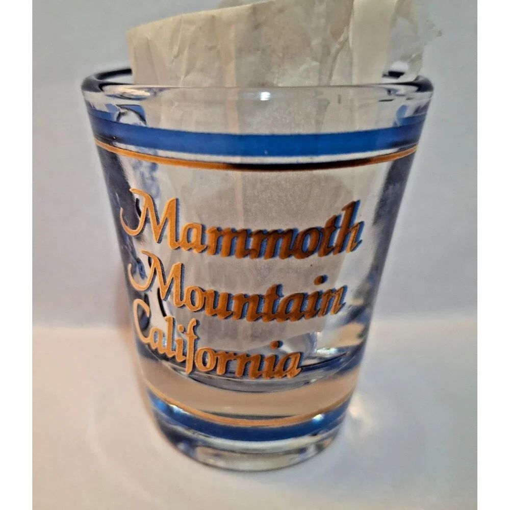 Vintage Mammoth Mountain California Shot Glass Blue Gold Elephant Skiing